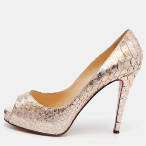 Christian Louboutin Metallic Rose Gold  Python Very Prive Peep Toe Pumps Size 38.5
