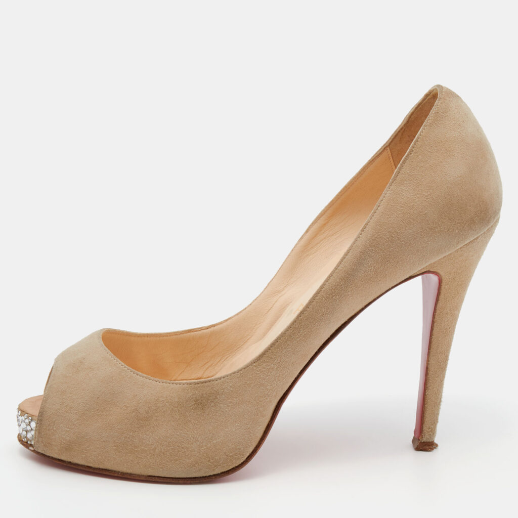 luxury-women-christian-louboutin-used-shoes-p653391-003-1 Christian Louboutin Beige Suede Very Prive Crystal Embellished Peep Toe Pumps Size 38.5