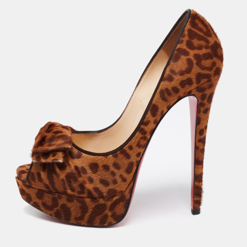 luxury-women-christian-louboutin-used-shoes-p654172-003-1 Christian Louboutin Brown/Tan Leopard Print Calf Hair Bow Lady Peep-Toe Platform Pumps Size 37