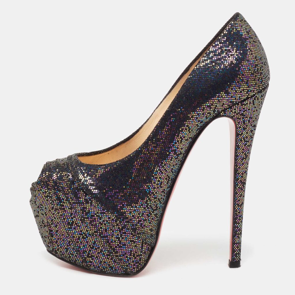 luxury-women-christian-louboutin-used-shoes-p654982-003-1 Christian Louboutin Multicolor Glitter Fabric Drapesse Spotlight Peep-Toe Pumps Size 37