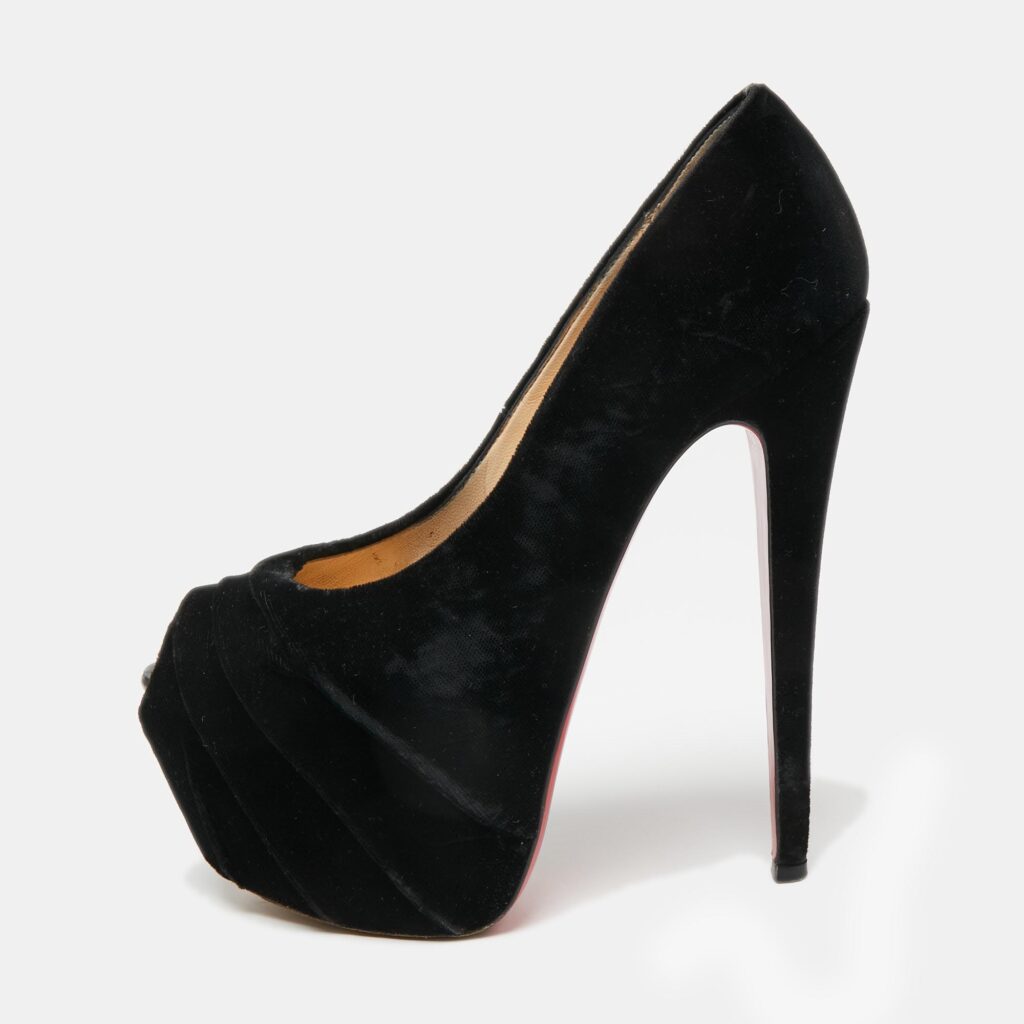 luxury-women-christian-louboutin-used-shoes-p655659-001-1 Christian Louboutin Black Velvet Drapesse Peep-Toe Platform Pumps Size 36