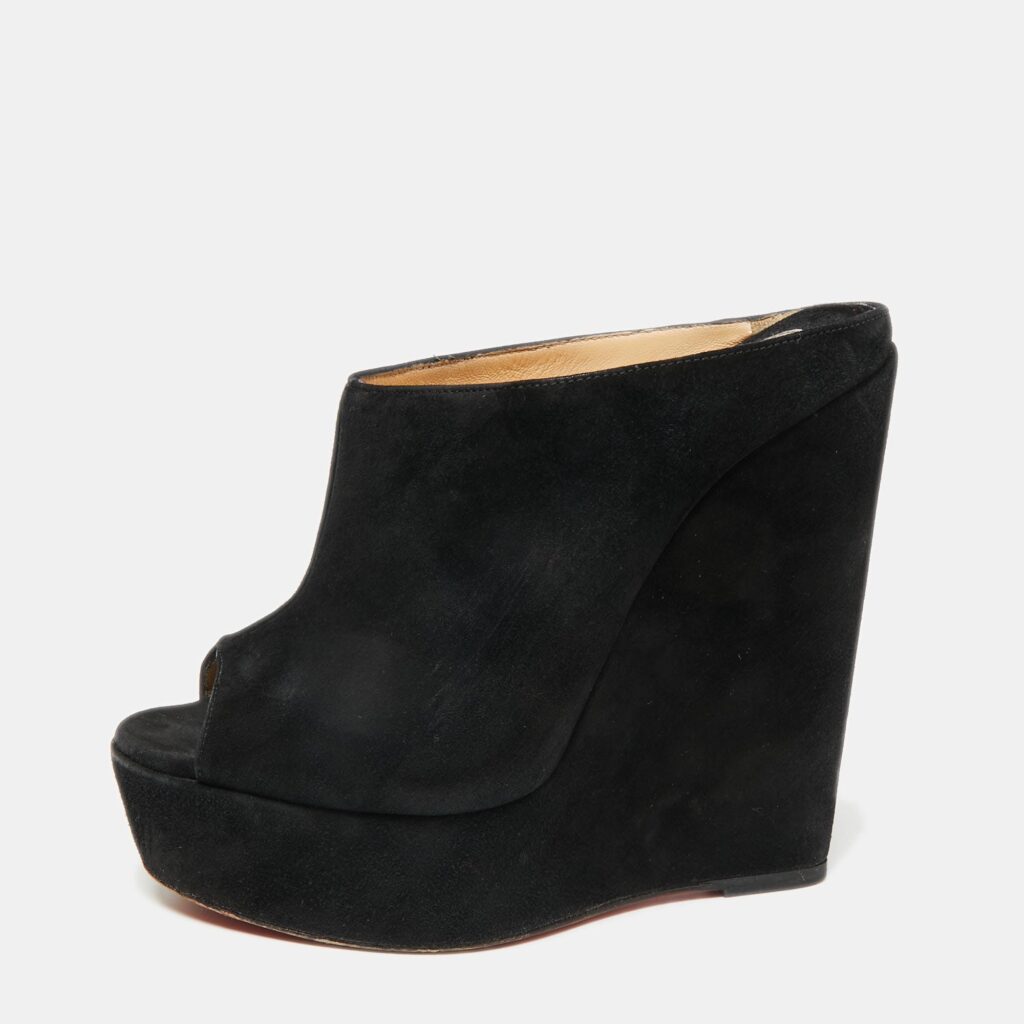 luxury-women-christian-louboutin-used-shoes-p655672-001 Christian Louboutin Black Suede Affiche Peep-Toe Wedge Slide Sandals Size 36
