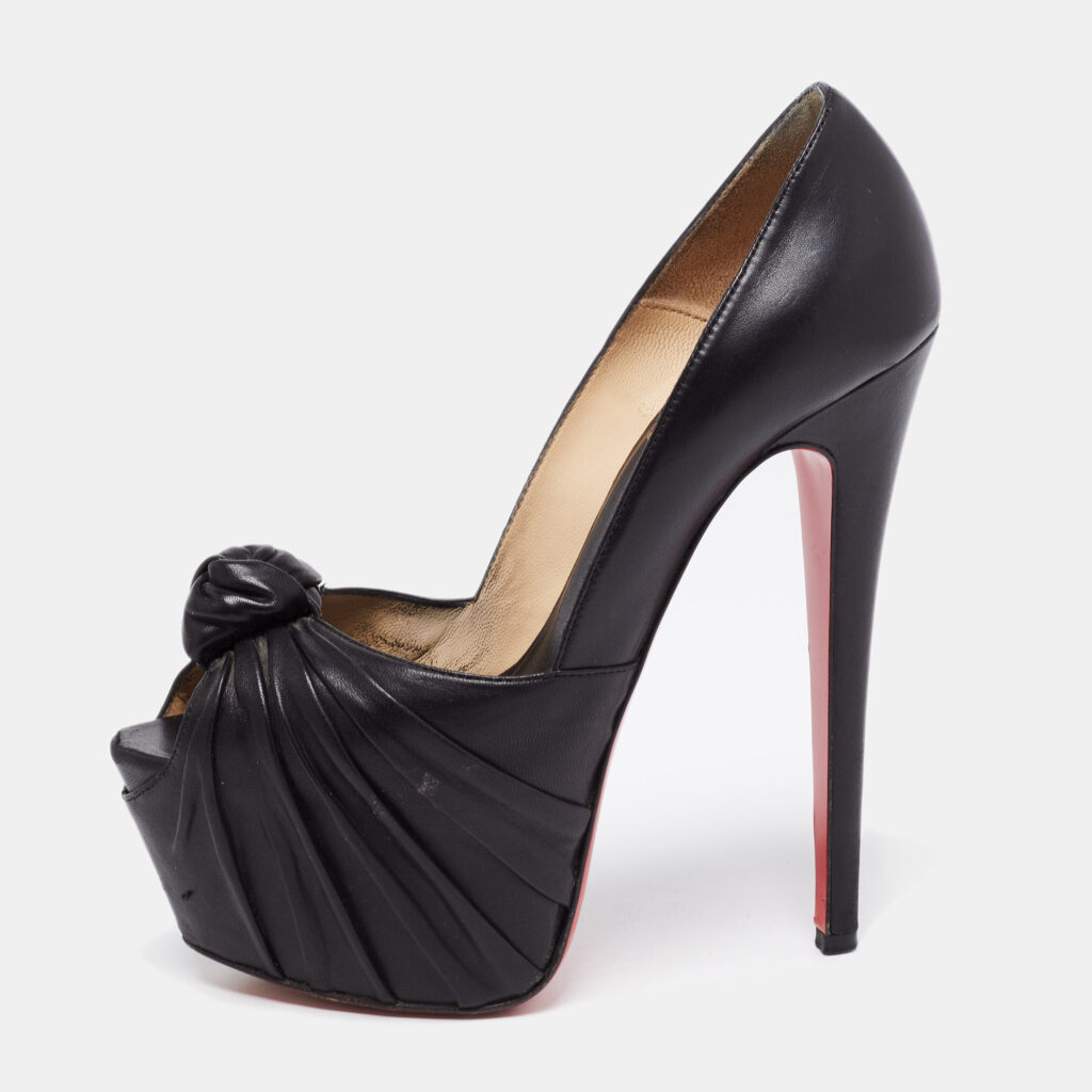 luxury-women-christian-louboutin-used-shoes-p655710-001-1 Christian Louboutin Black Leather Lady Gres Knotted 20th Anniversary Peep-Toe Platform Pumps Size 37