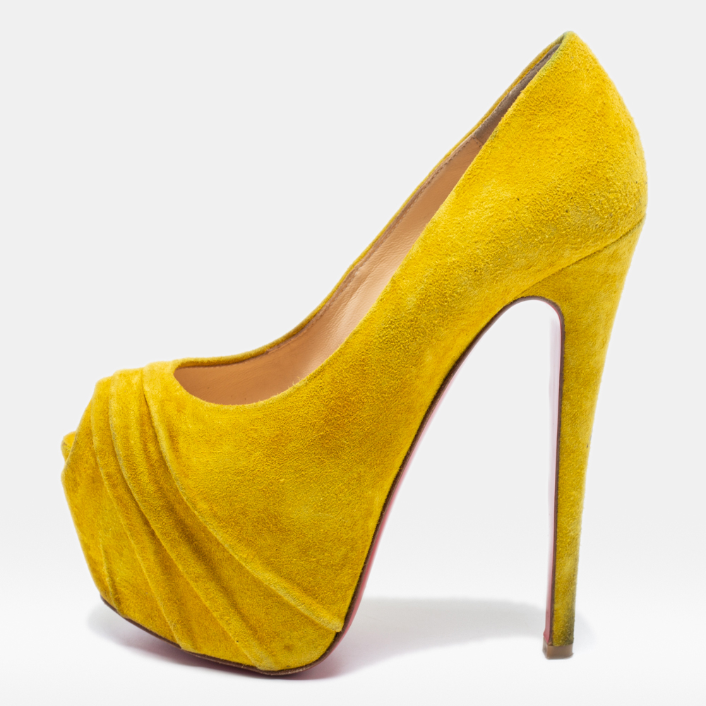 luxury-women-christian-louboutin-used-shoes-p655716-001-1 Christian Louboutin Yellow Suede Drapesse Peep-Toe Platform Pumps Size 36.5