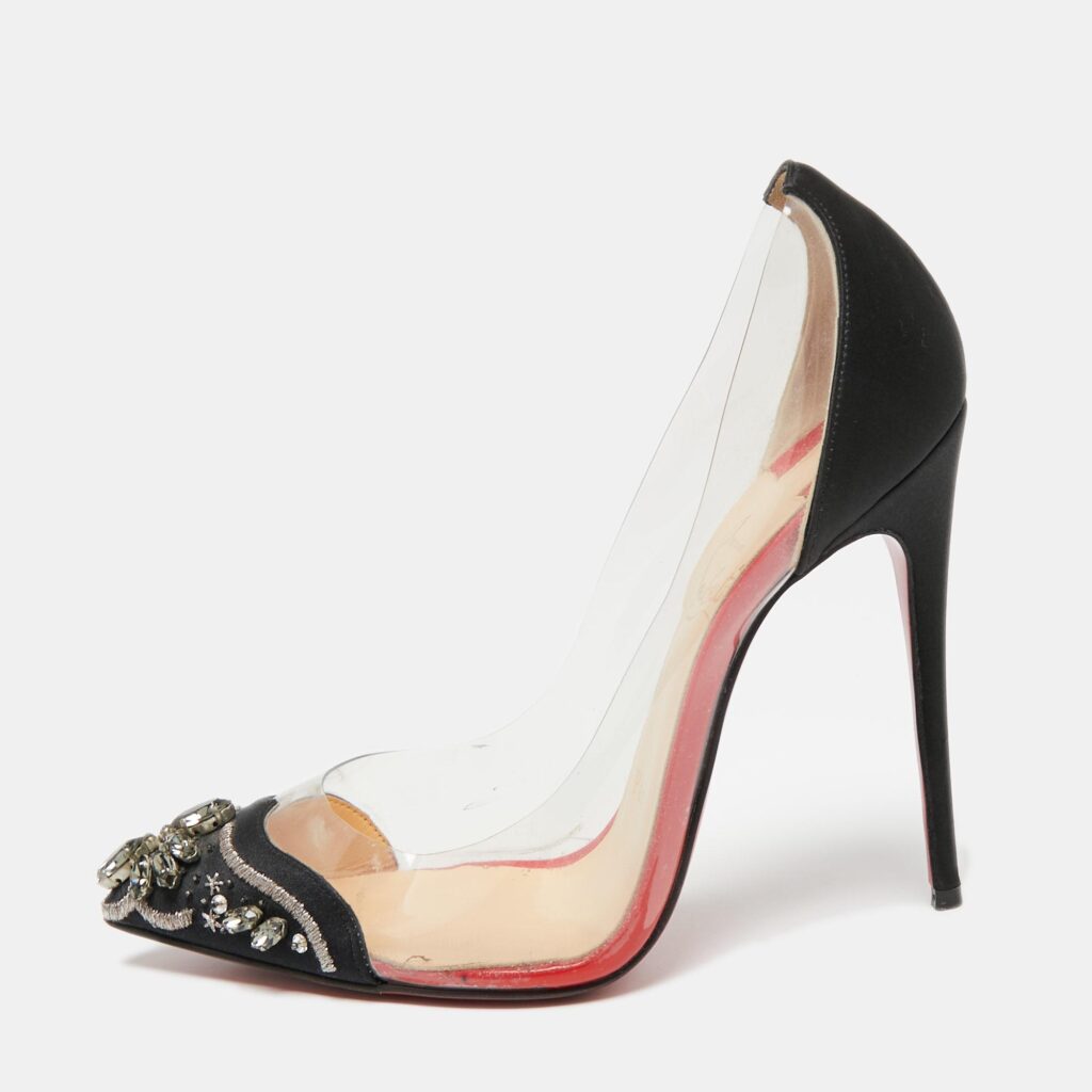 luxury-women-christian-louboutin-used-shoes-p656616-001-1 Christian Louboutin Black Satin and PVC Bollywood Boulevard Pumps Size 36