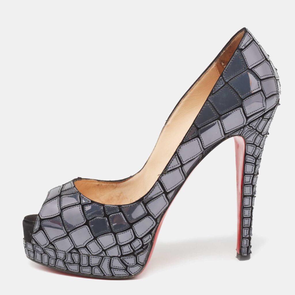 luxury-women-christian-louboutin-used-shoes-p659538-003-1 Christian Louboutin Slate Grey/Black Patent Leather and Satin Mosaic Sobek Peep-Toe Platform Pumps Size 39