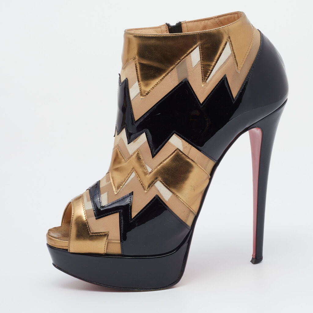 luxury-women-christian-louboutin-used-shoes-p666451-005-1 Christian Louboutin Multicolor Patent Leather And Mesh Peep toe Booties Size 38.5