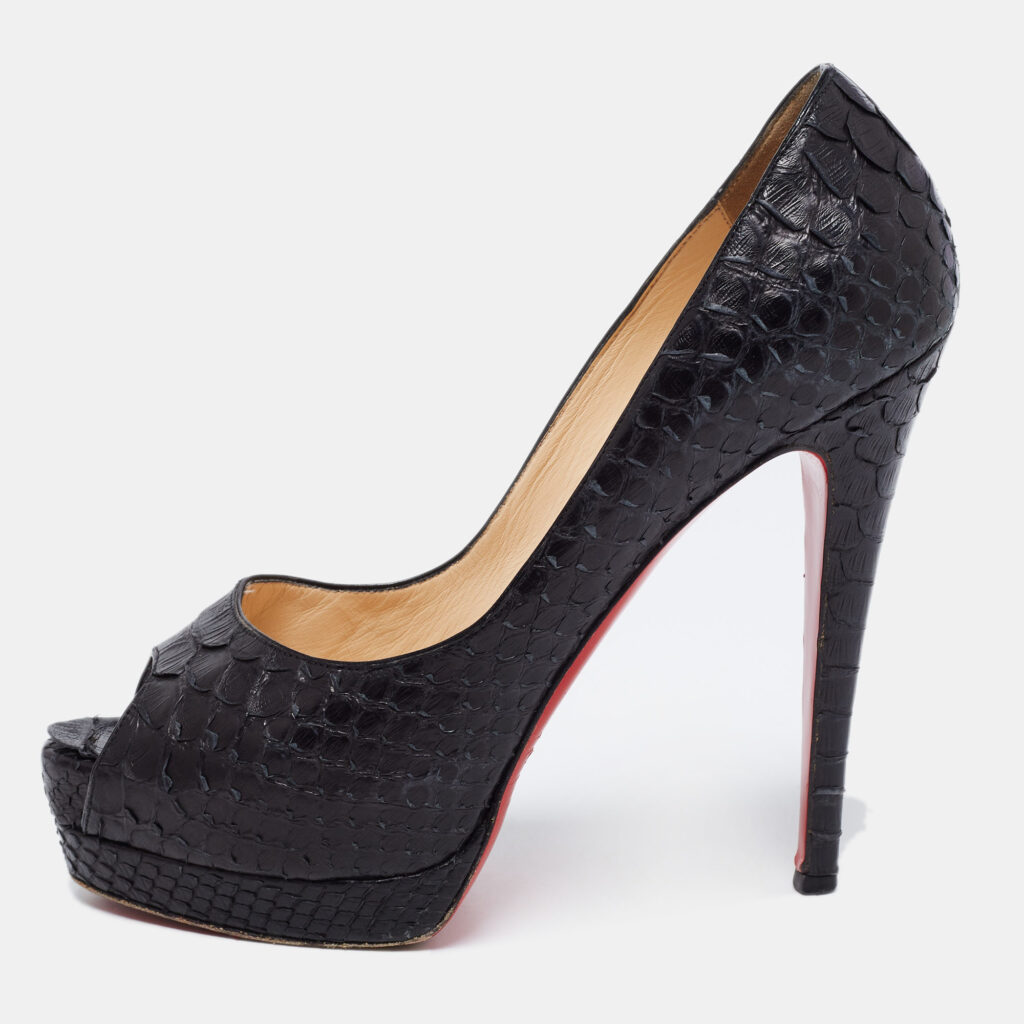 luxury-women-christian-louboutin-used-shoes-p686810-003-1 Christian Louboutin Black Python Altadama Peep-Toe Platform Pumps Size 38