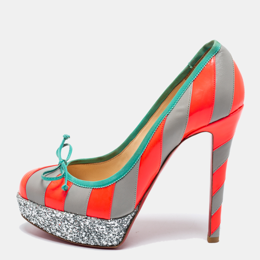 luxury-women-christian-louboutin-used-shoes-p687473-001-1 Christian Louboutin Grey/Neon Pink Striped Leather Foraine Glitter Platform Pumps Size 35.5