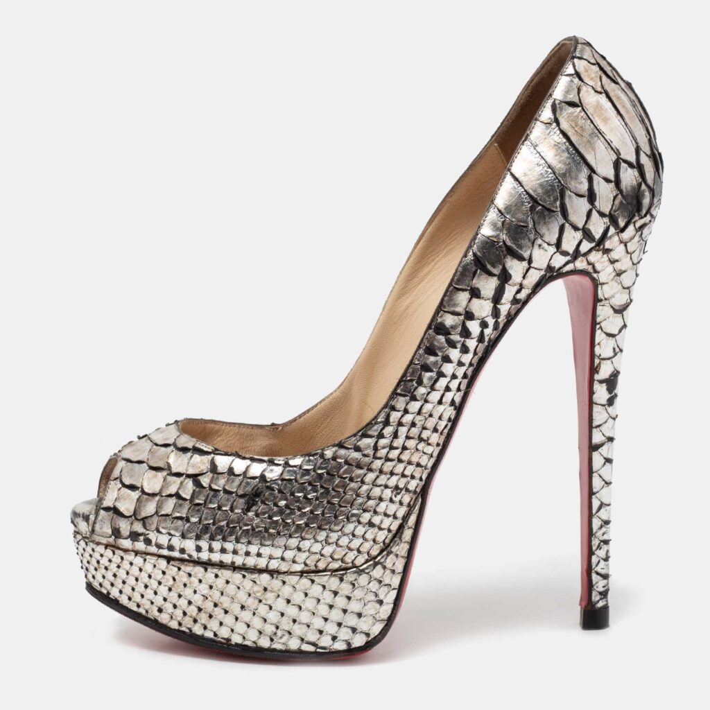 luxury-women-christian-louboutin-used-shoes-p688035-004-1 Christian Louboutin Metallic Silver Python Leather Lady Peep Toe Platform Pumps Size 37.5