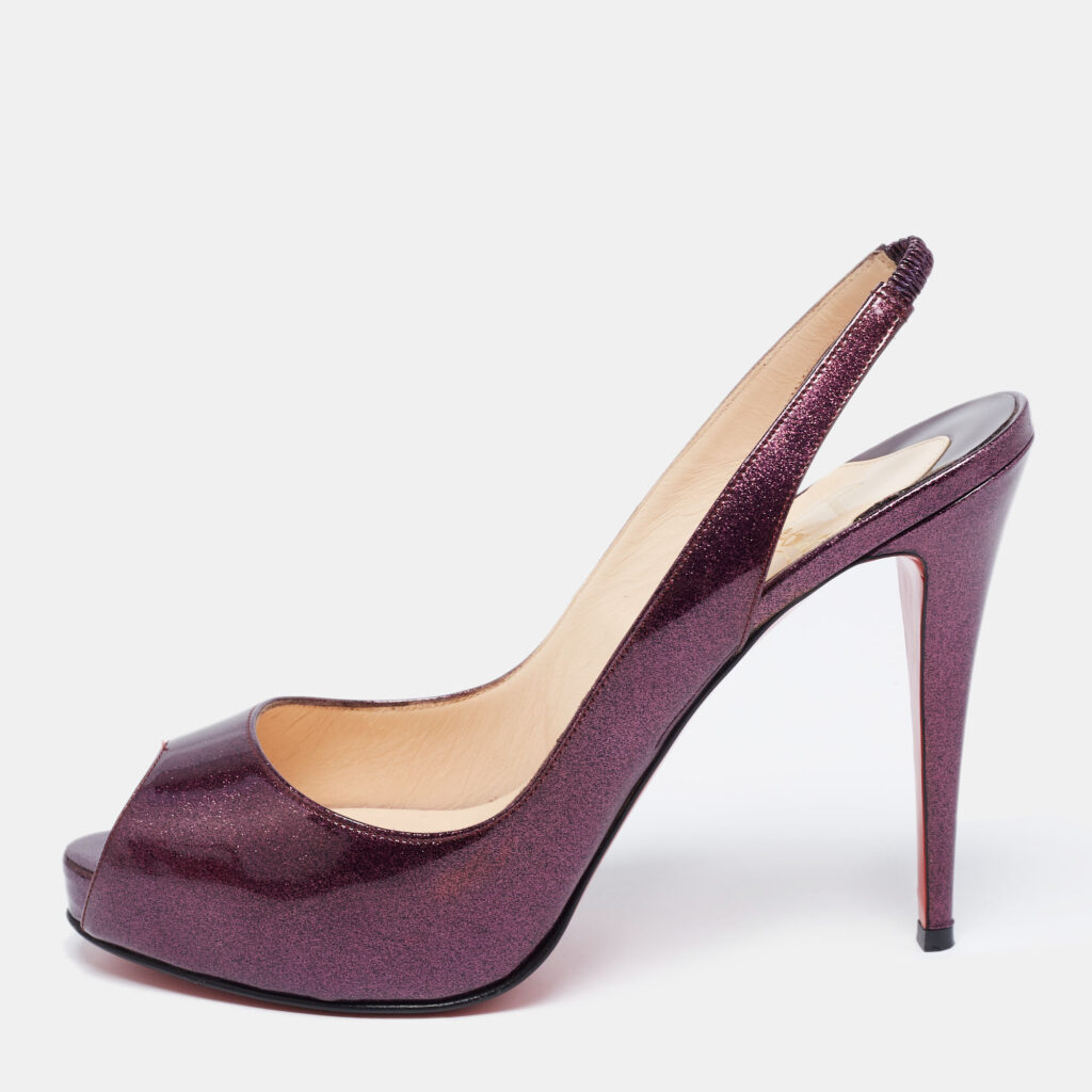 luxury-women-christian-louboutin-used-shoes-p692860-001-1 Christian Louboutin Purple Glitter Patent Leather No Prive Peep-Toe Slingback Sandals Size 41