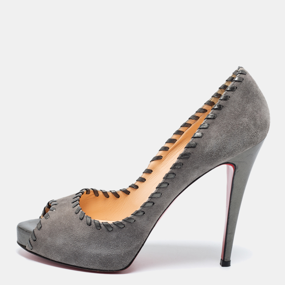 luxury-women-christian-louboutin-used-shoes-p692987-001-1 Christian Louboutin Grey Suede Whipstitch Very Prive Peep-Toe Pumps Size 41