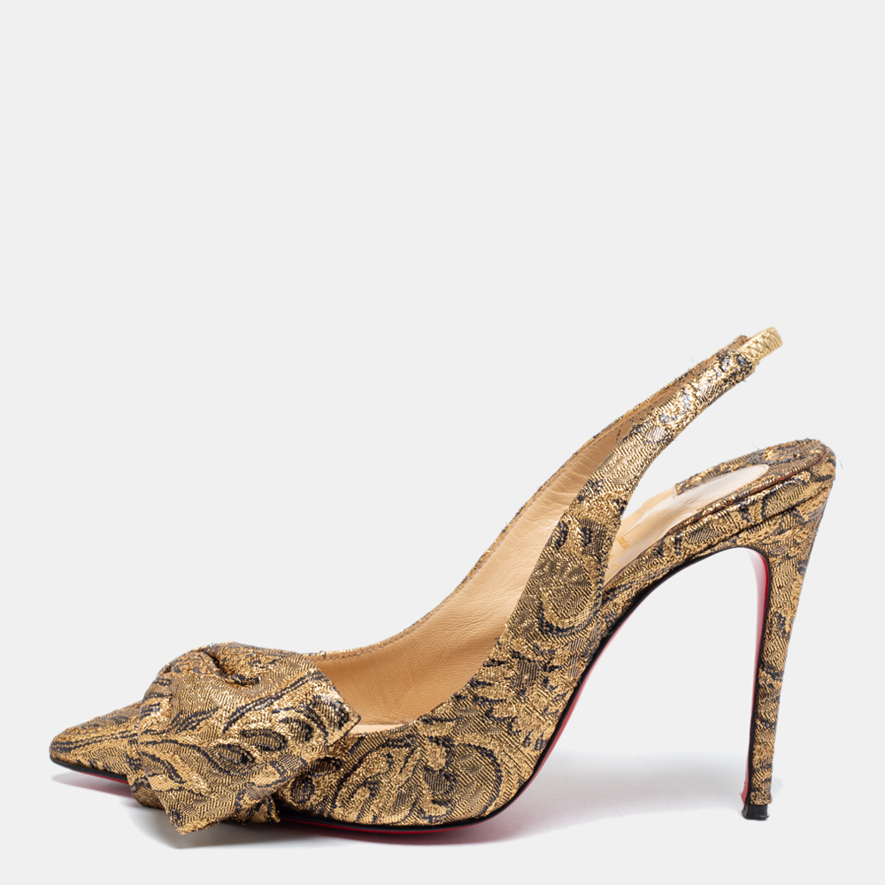 luxury-women-christian-louboutin-used-shoes-p693011-001-1 Christian Louboutin Gold Brocade Fabric Kirazissimo Slingback Sandals Size 37.5
