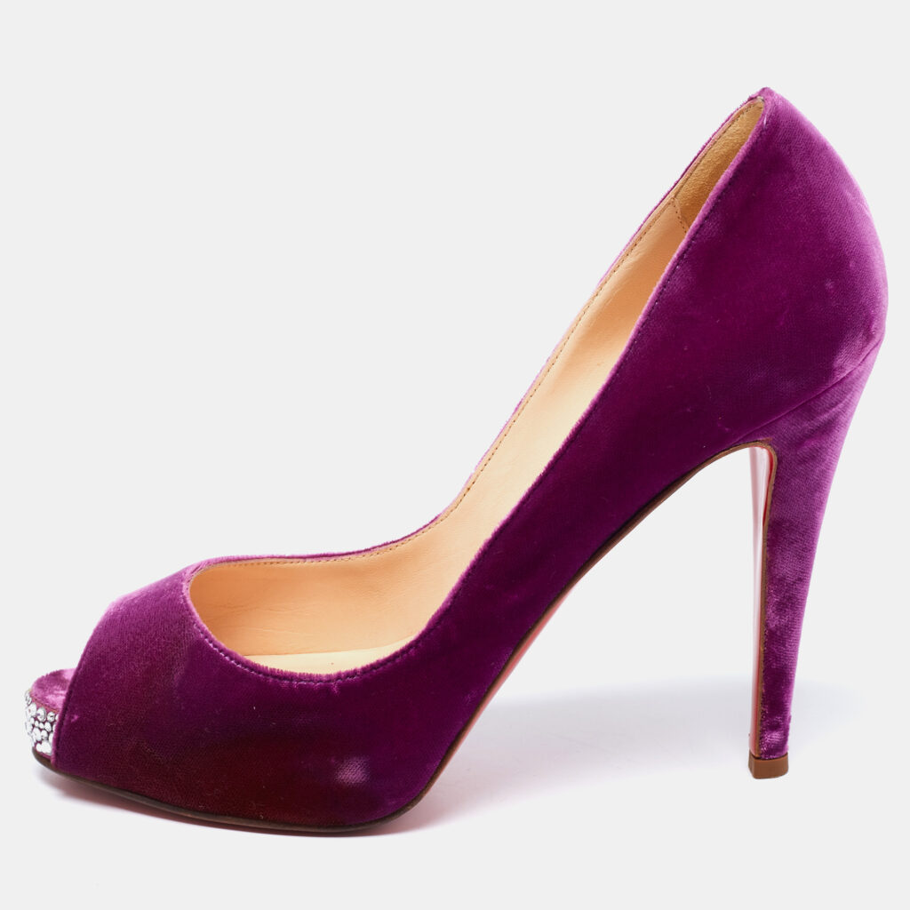 luxury-women-christian-louboutin-used-shoes-p694277-001-1 Christian Louboutin Magenta Velvet Very Prive Crystal Peep-Toe Pumps Size 40.5