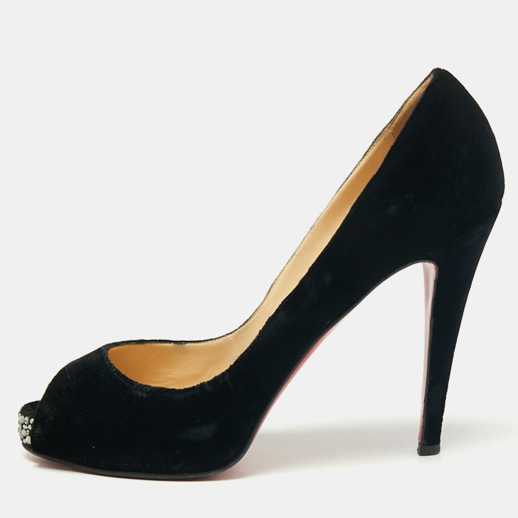 luxury-women-christian-louboutin-used-shoes-p694683-010-1 Christian Louboutin Black Velvet Very Prive Crystal Peep-Toe Pumps Size 40.5