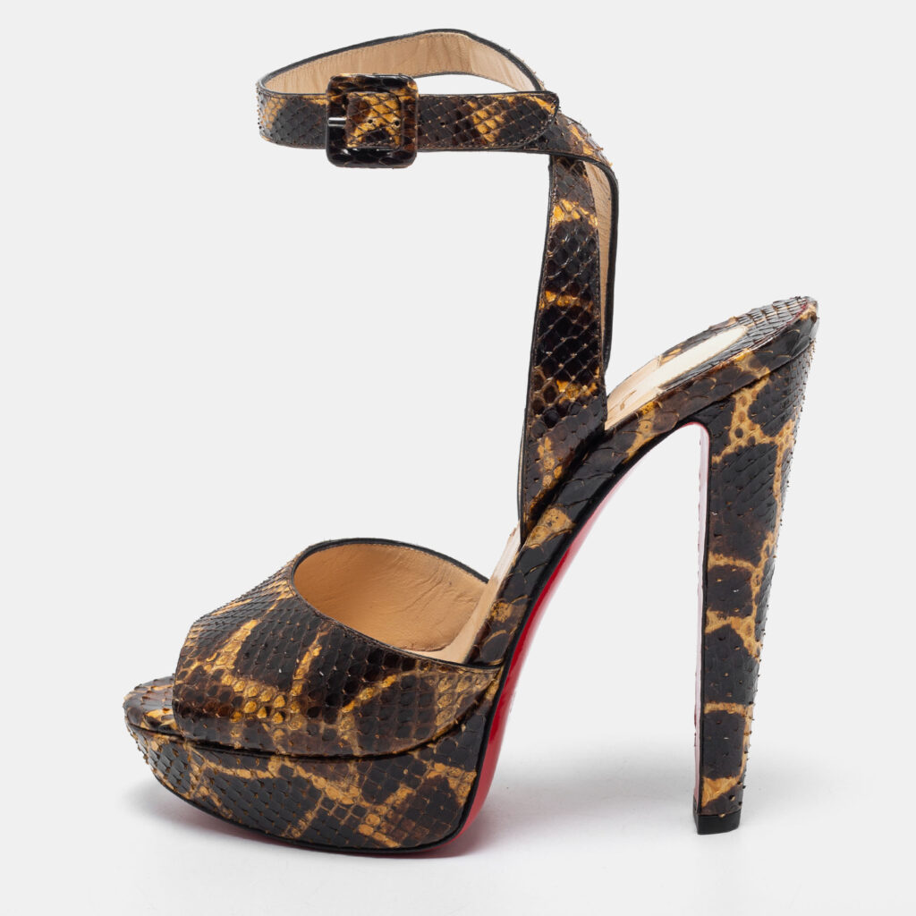 luxury-women-christian-louboutin-used-shoes-p731794-010 Christian Louboutin Brown/Yellow Python Leather Peep Toe Platform Ankle Strap Sandals Size 39