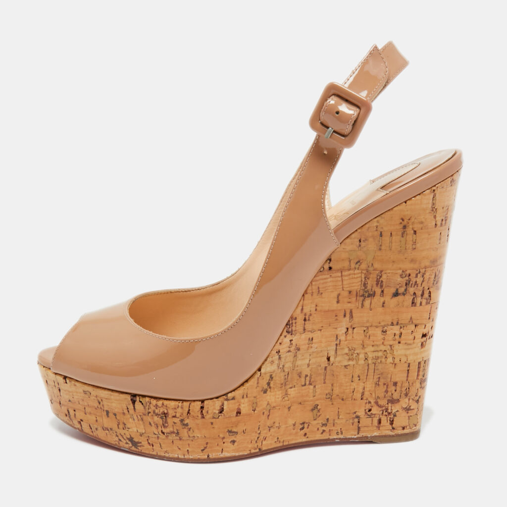 luxury-women-christian-louboutin-used-shoes-p752349-001 Christian Louboutin Beige Patent Leather Peep Toe Ankle Strap Wedge Sandals Size 40.5