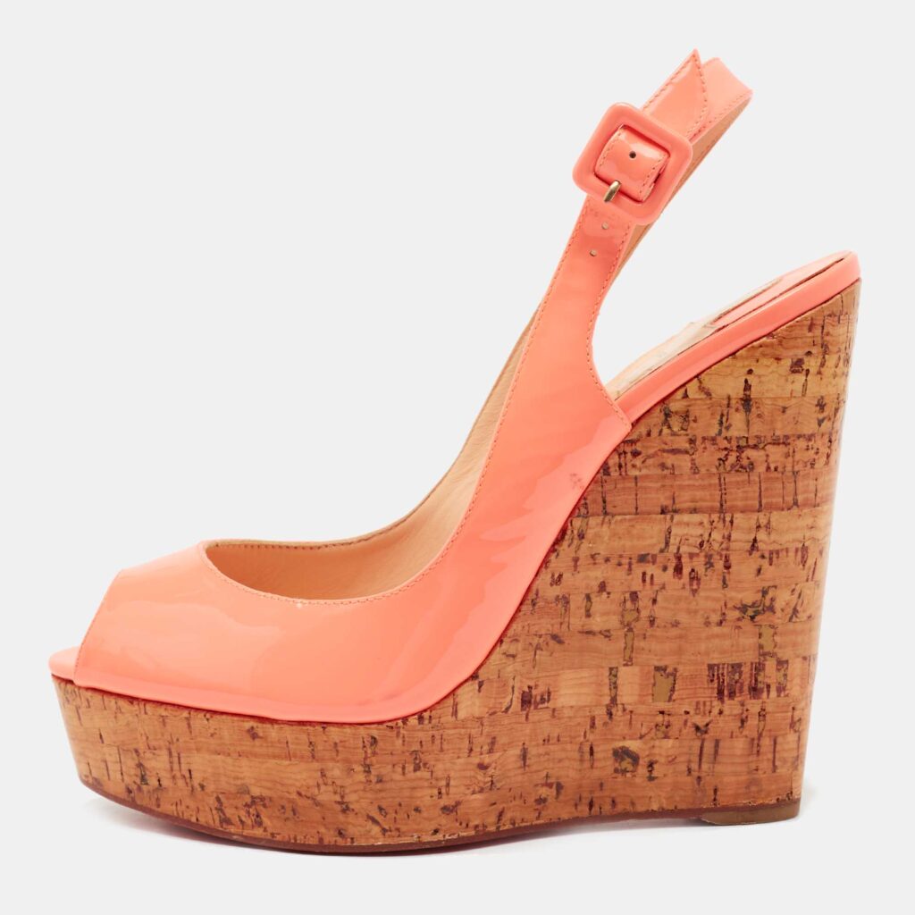 luxury-women-christian-louboutin-used-shoes-p752383-004 Christian Louboutin Peach Patent Leather Une Plume Wedge Sandals Size 40.5