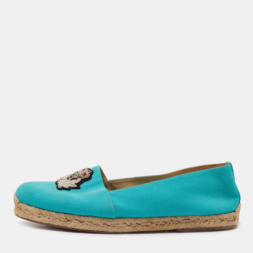 luxury-women-christian-louboutin-used-shoes-p753501-003 Christian Louboutin Aqua Blue Canvas Gala Embroidered Crest Espadrille Flats Size 40