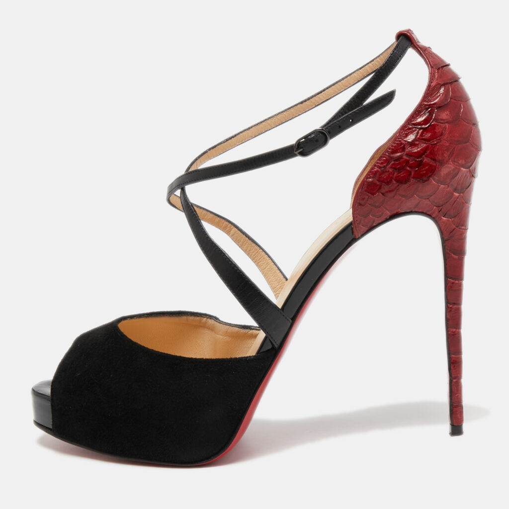 luxury-women-christian-louboutin-used-shoes-p760783-004 Christian Louboutin Black/Dark Red Leather, Suede and Python Cross Me Sandals Size 40.5
