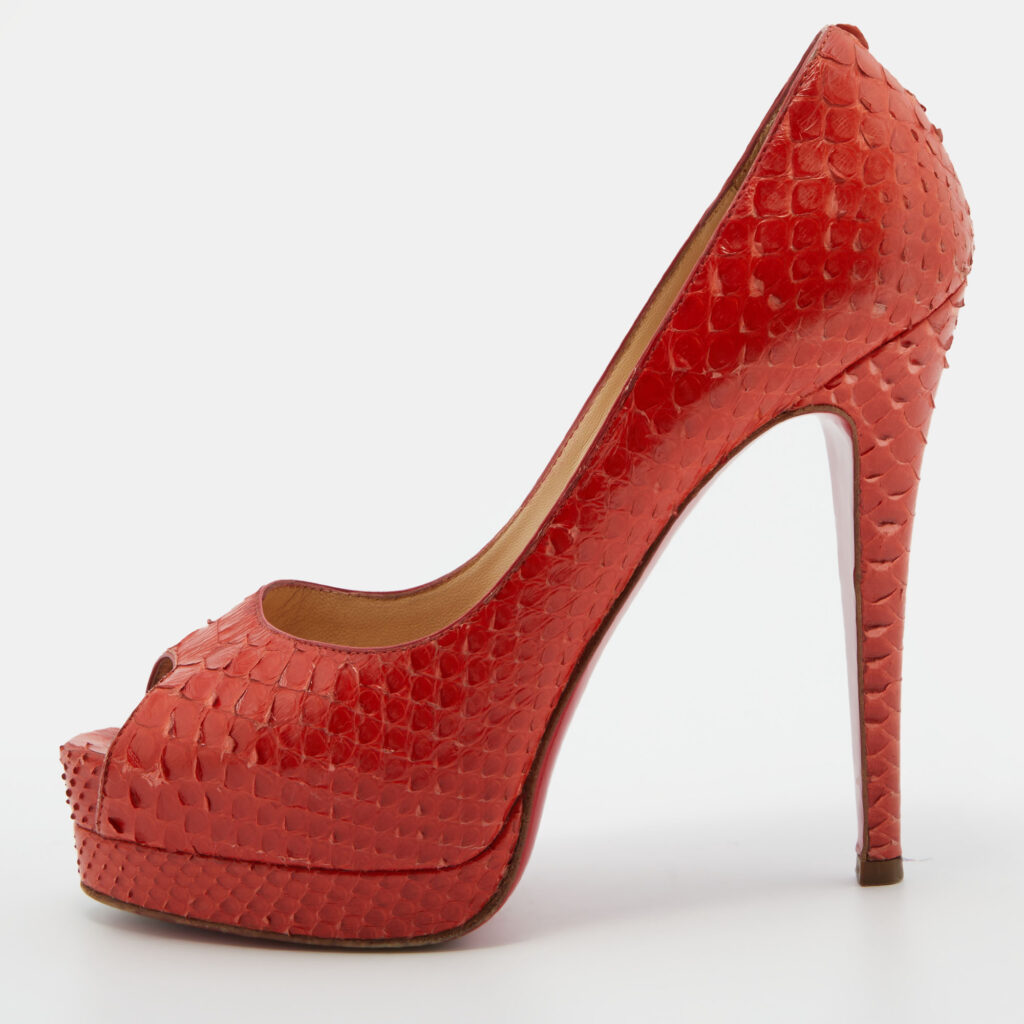 luxury-women-christian-louboutin-used-shoes-p772782-001 Christian Louboutin Orange Python Leather Altadama Peep Toe Platform Pumps Size 37