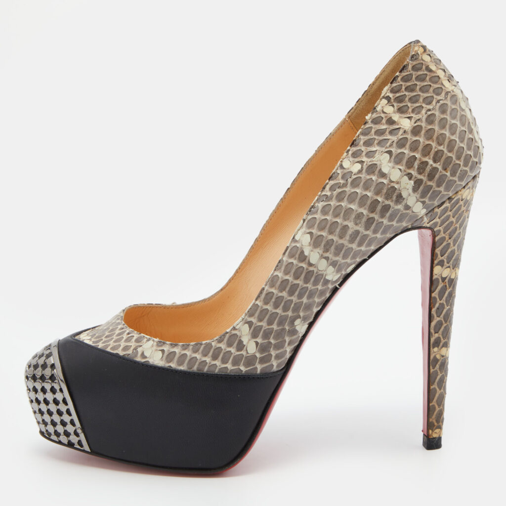 luxury-women-christian-louboutin-used-shoes-p772811-001 Christian Louboutin Black/Grey Snakeskin Leather Maggie Platform Pumps Size 37.5