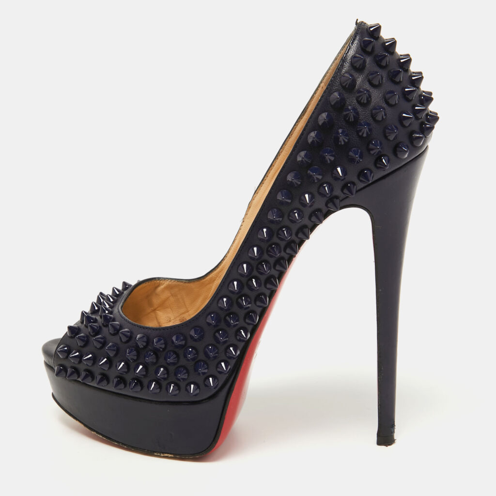 luxury-women-christian-louboutin-used-shoes-p773033-012 Christian Louboutin Navy Blue Leather Lady Peep Spikes Pumps Size 36