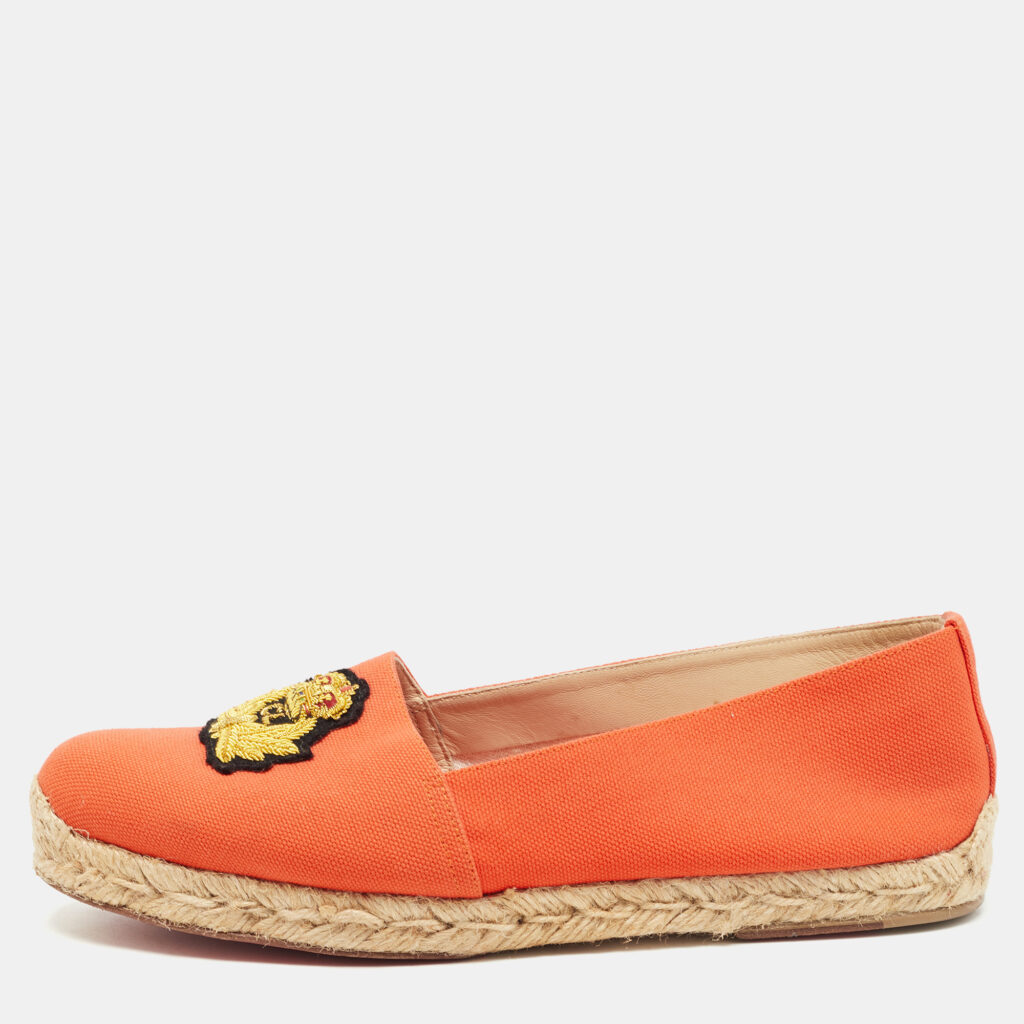 luxury-women-christian-louboutin-used-shoes-p779365-007 Christian Louboutin Orange Canvas Gala Embroidered Crest Espadrille Loafers Size 38