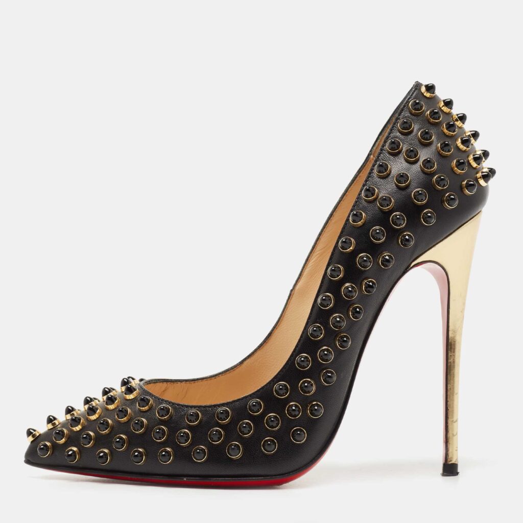 luxury-women-christian-louboutin-used-shoes-p784498-003 Christian Louboutin Black Leather Studded Follies Cabo Pumps Size 34.5