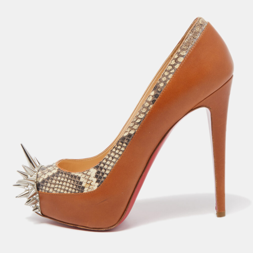 luxury-women-christian-louboutin-used-shoes-p791726-001 Christian Louboutin Brown Python and Leather Asteriod Spiked Pumps Size 37.5