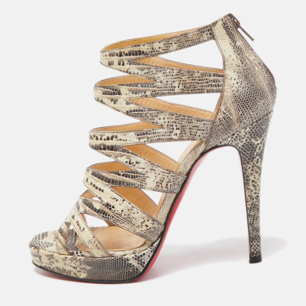 luxury-women-christian-louboutin-used-shoes-p794429-001 Christian Louboutin Grey/Yellow Lizard Leather 'Fernando' Cage Sandals Size 37