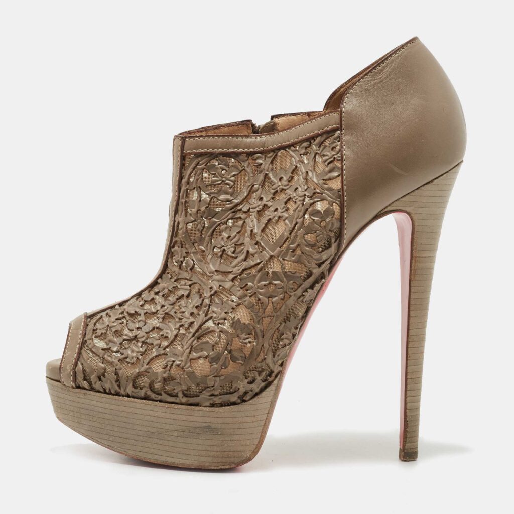 luxury-women-christian-louboutin-used-shoes-p805037-003 Christian Louboutin Brown Laser-Cut Leather Pampas 150 Peep Toe Ankle Boots Size 36.5