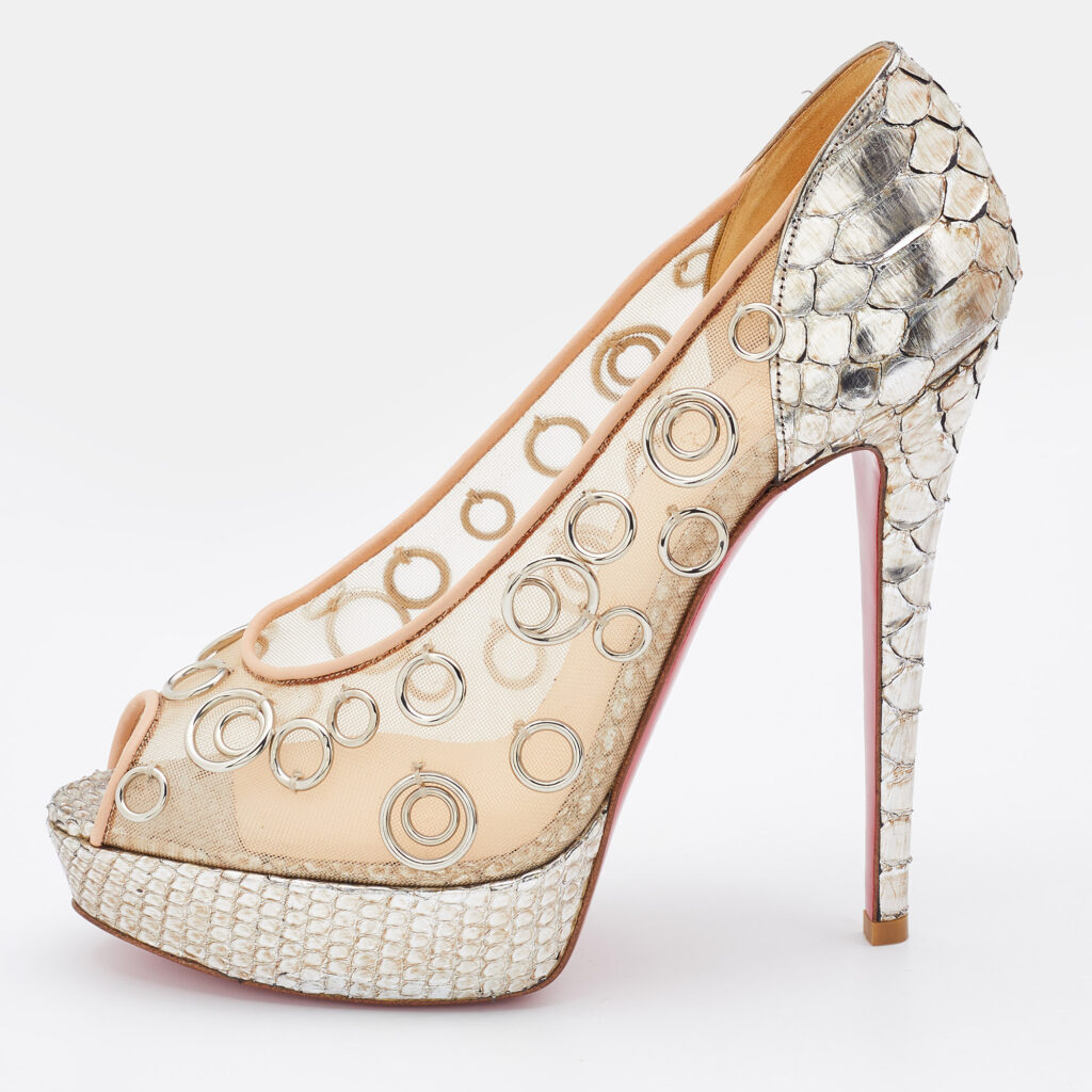 luxury-women-christian-louboutin-used-shoes-p812798-006 Christian Louboutin Python and Mesh Rings Pierce 140 Peep Toe Platform Pumps Size 38