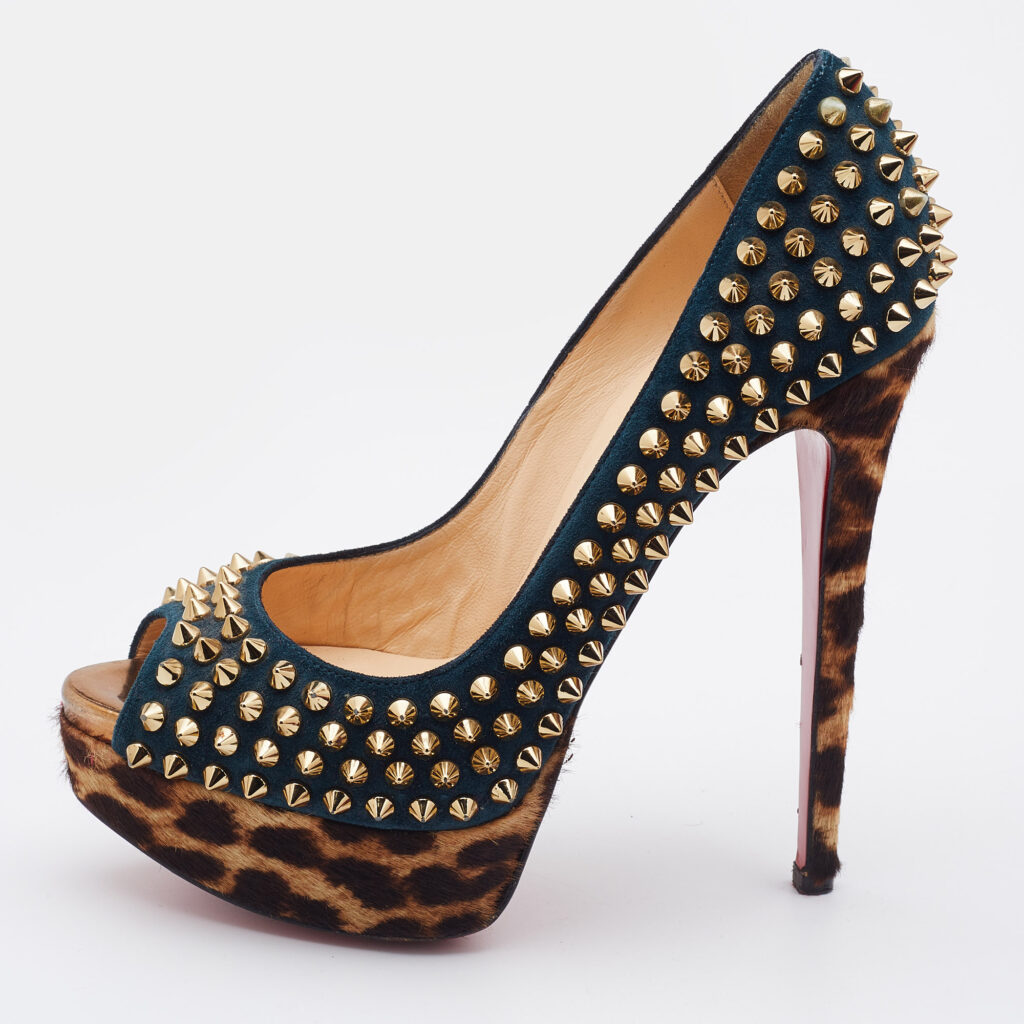 luxury-women-christian-louboutin-used-shoes-p812878-006 Christian Louboutin Multicolor Suede and Calfhair Lady Peep-Toe Spikes Platform Pumps Size 36