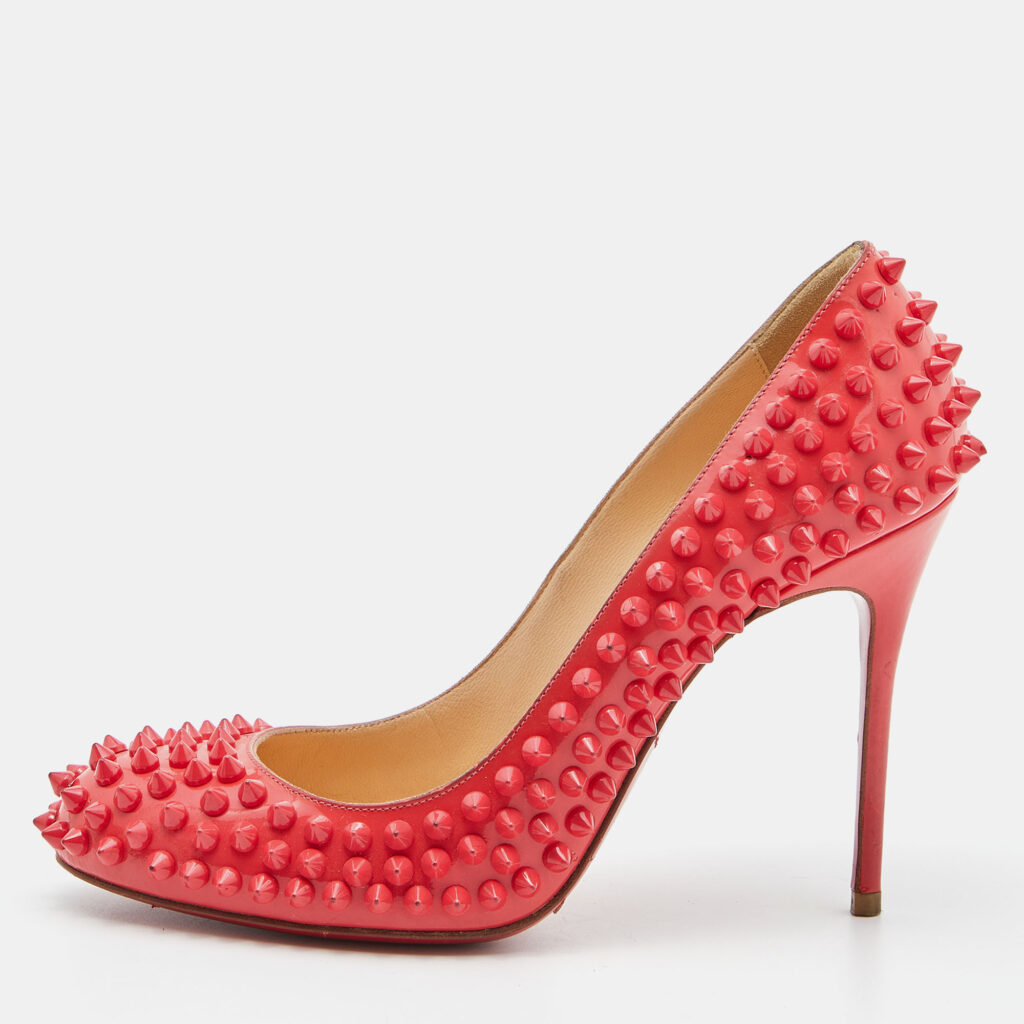 luxury-women-christian-louboutin-used-shoes-p830748-010 Christian Louboutin Coral Pink Patent Leather Fifi Spikes Pumps Size 36.5