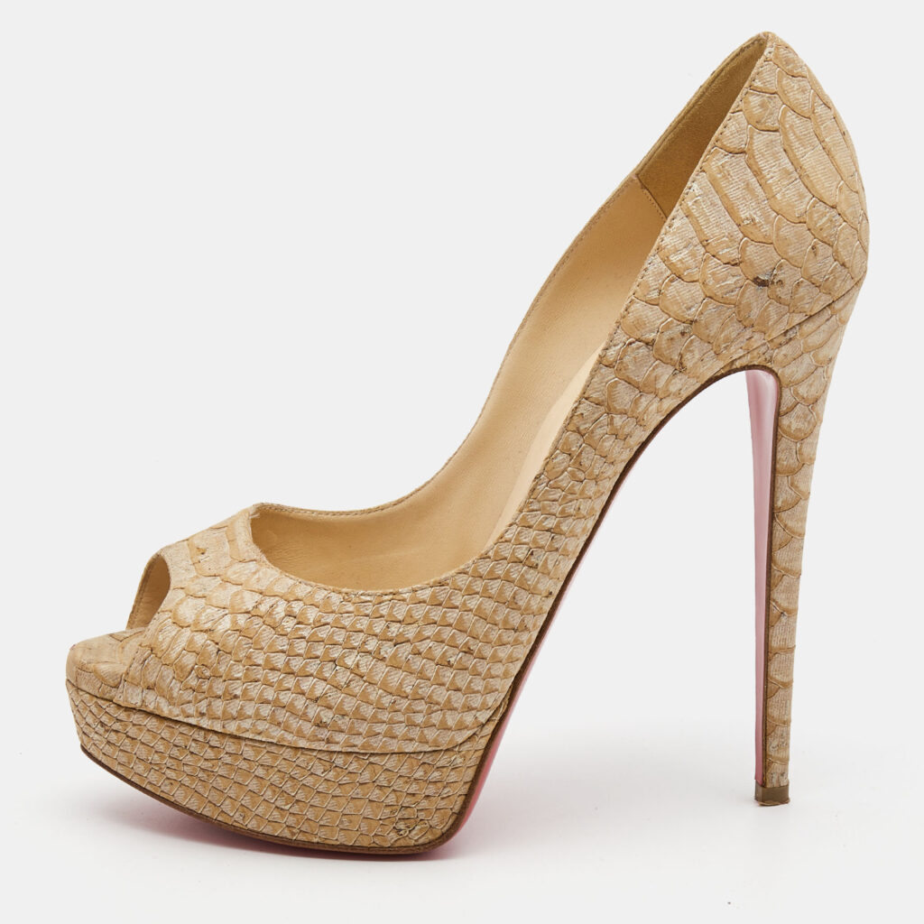 luxury-women-christian-louboutin-used-shoes-p833538-011 Christian Louboutin Two Tone Python Embossed Leather Lady Peep Pumps Size 39.5