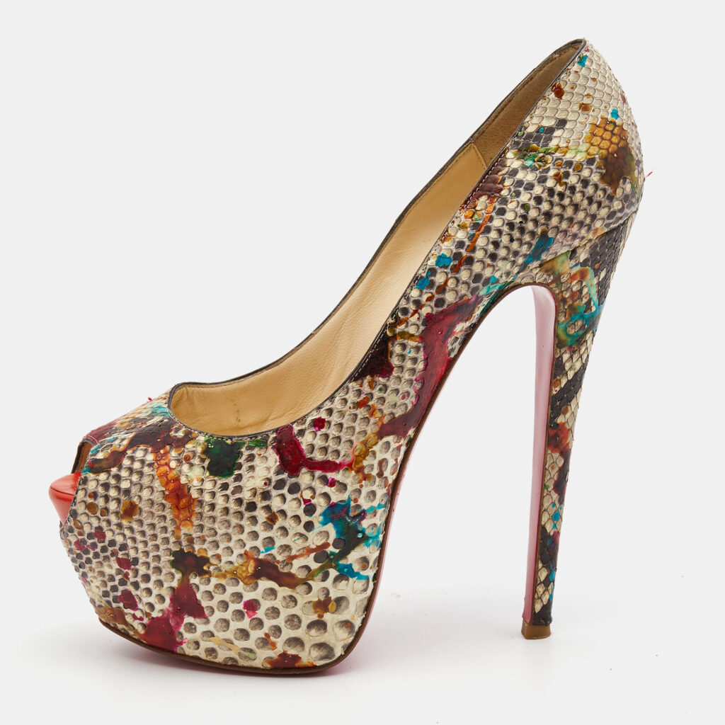 luxury-women-christian-louboutin-used-shoes-p833749-010 Christian Louboutin Two Tone Splash Print Python Highness Pumps Size 39.5