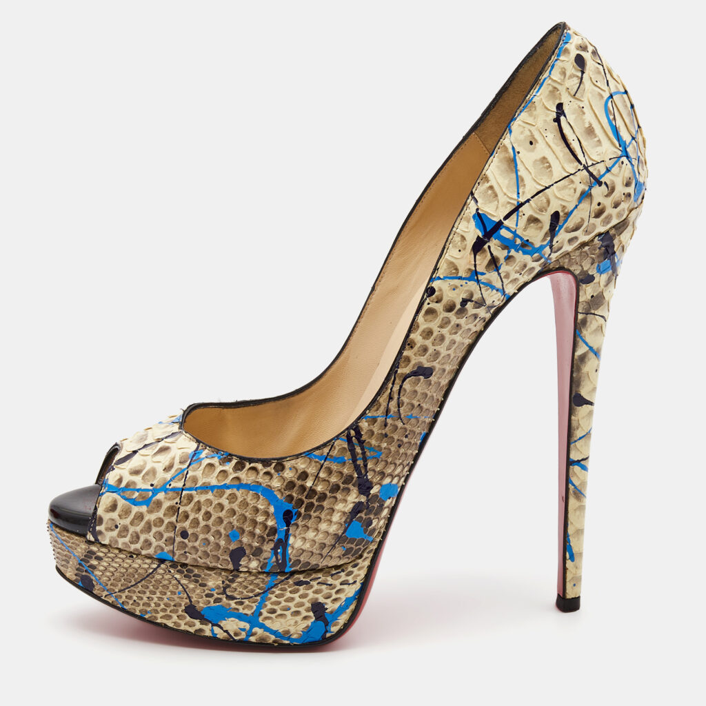 luxury-women-christian-louboutin-used-shoes-p833871-009 Christian Louboutin Two Tone Python Graffiti Print Lady Peep Pumps Size 40