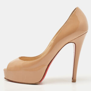 Christian Louboutin Beige Patent Leather Very Prive Peep Toe Platform Pumps Size 37