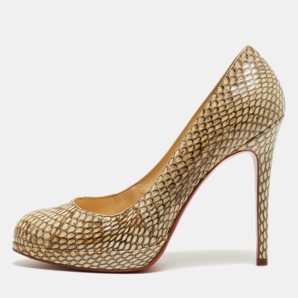 luxury-women-christian-louboutin-used-shoes-p852875-001 Christian Louboutin Beige Python Leather New Simple Round Toe Pumps Size 36.5