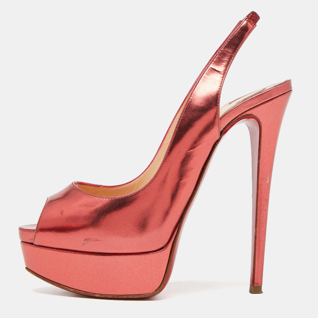 luxury-women-christian-louboutin-used-shoes-p915761-001 Christian Louboutin Metallic Patent Lady Peep Sling Pumps Size 36.5