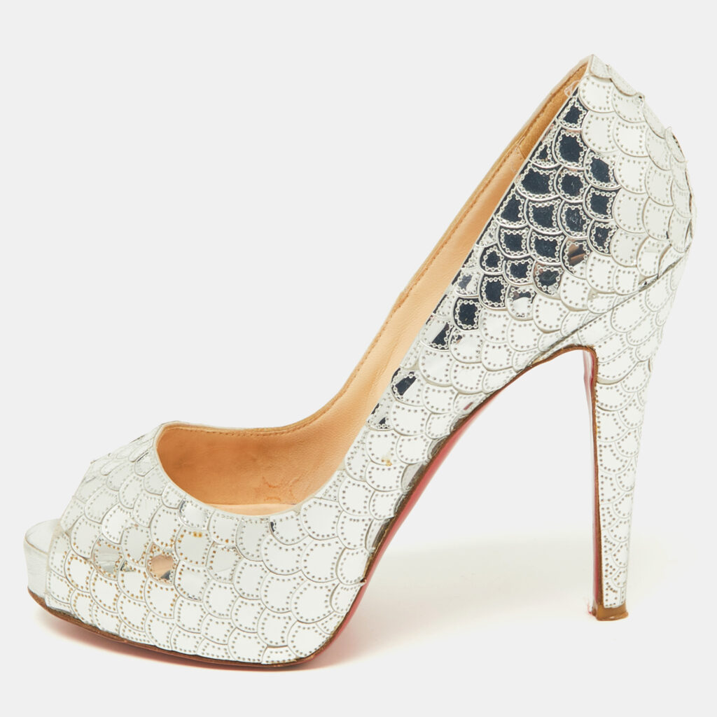 luxury-women-christian-louboutin-used-shoes-p929324-004 Christian Louboutin Silver Scaled Sequins and Leather Poseidon Pumps Size 38
