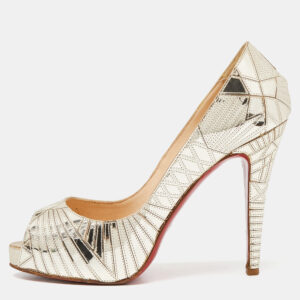 Christian Louboutin Gold PVC Peep Toe Art Deco Pumps Size 39