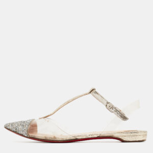 Christian Louboutin Silver/Gold Coarse Glitter and PVC Nosy T-Strap Flats Size 37.5