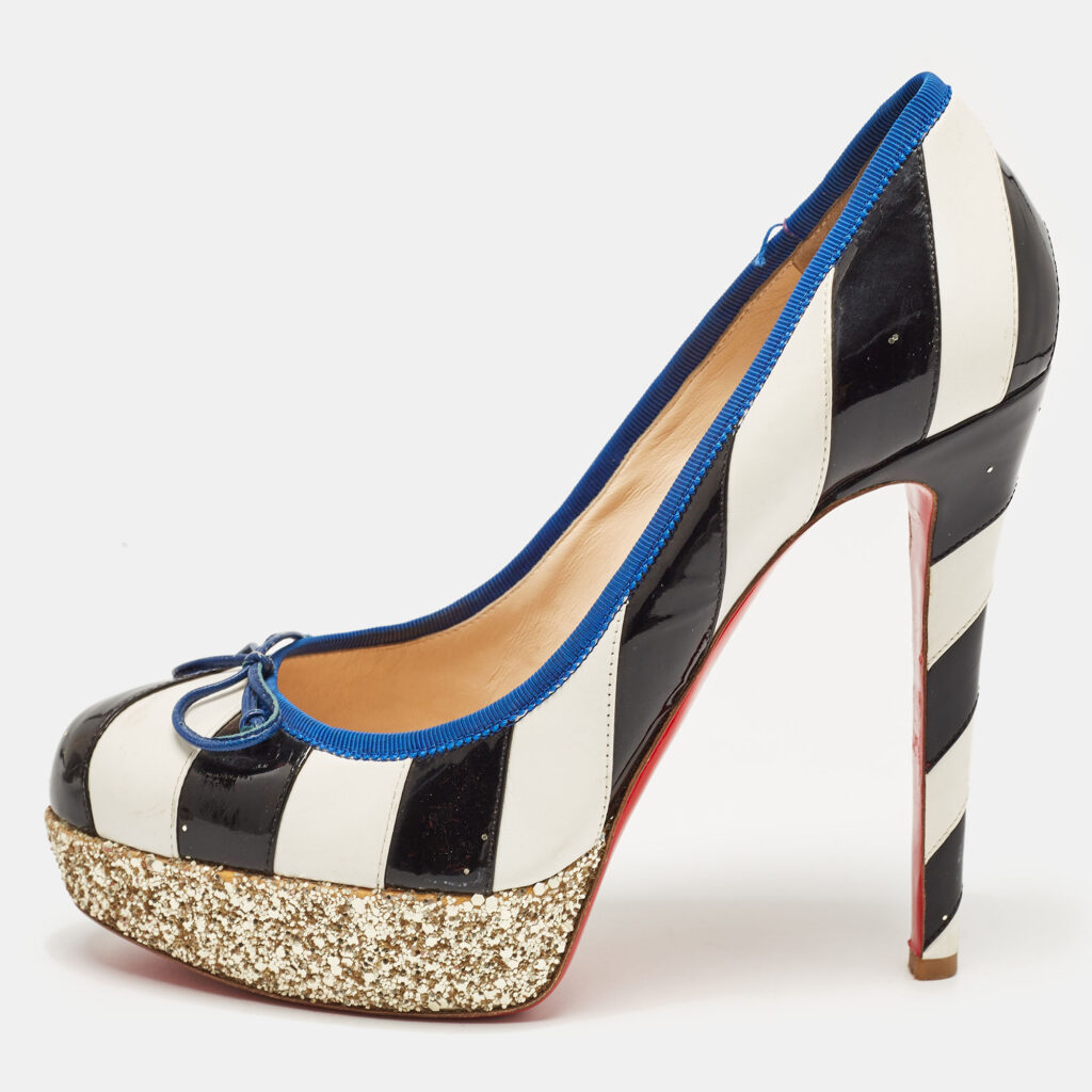 luxury-women-christian-louboutin-used-shoes-p952885-003 Christian Louboutin White/Black Striped Leather and Patent Foraine Pumps Size 39