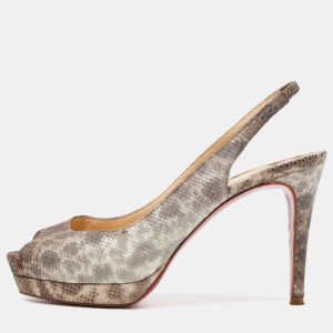 Christian Louboutin Brown Karung Peep Toe Slingback Pumps Size 37.5