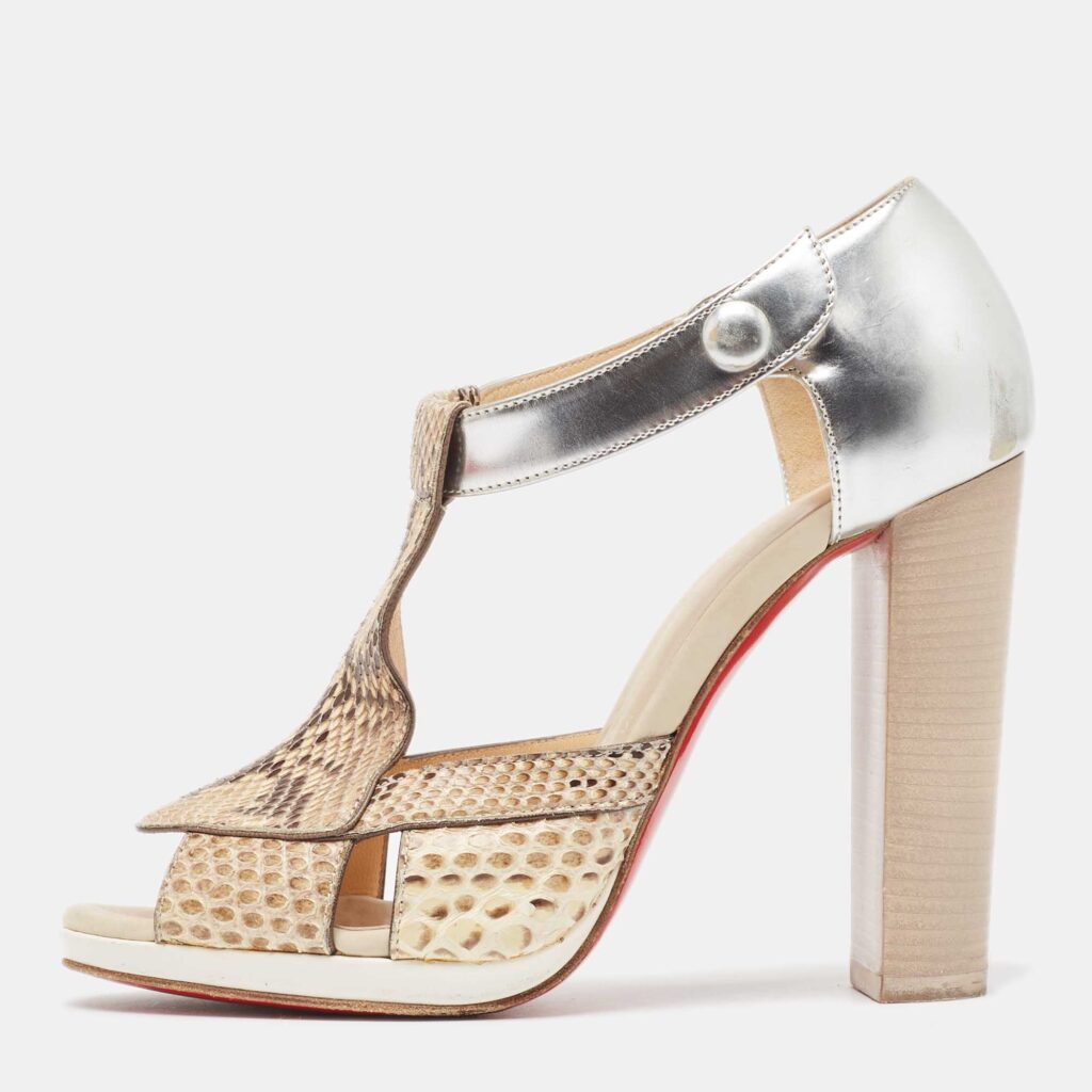 luxury-women-christian-louboutin-used-shoes-p966014-003 Christian Louboutin Sliver/Beige Python Leather And Foil Leather Ankle Strap Sandals Size 36