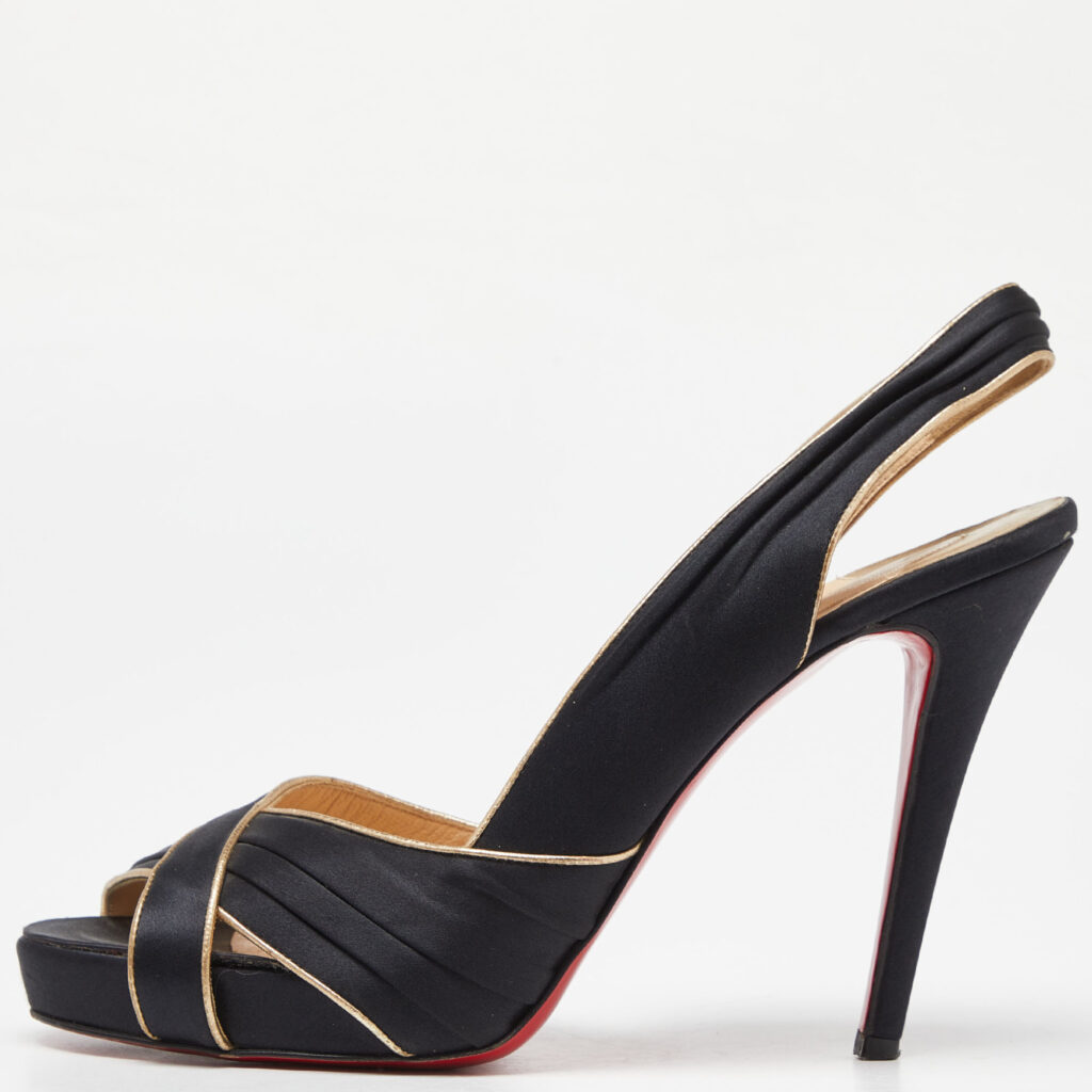 luxury-women-christian-louboutin-used-shoes-p970495-009 Christian Louboutin Black/Gold Satin and Leather Trim Platform Peep Toe Slingback Sandals Size 42