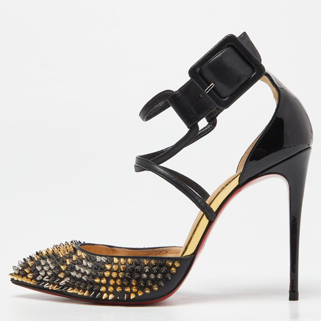luxury-women-christian-louboutin-used-shoes-p971513-009 Christian Louboutin Black Leather and Patent Leather Suzanna Spikes Leo Ankle Cuff Sandals Size 36
