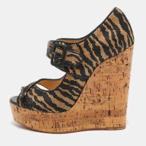 Christian Louboutin Black/Beige Canvas Melisa Cork Wedge Pumps Size 38